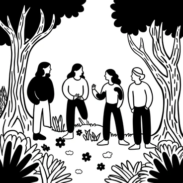 A group of ancient, wise Ents standing in a lush forest clearing, their gnarled trunks and branches intertwining with the greenery around them. Each Ent has distinct features, with bark-textured skin and moss growing on their limbs. The clearing is filled with vibrant ferns and scattered wildflowers. Sunlight filters through the dense canopy above, creating dappled shadows on the forest floor. Some Ents are engaged in conversation, while others are listening attentively, their leafy branches swaying gently in the breeze.