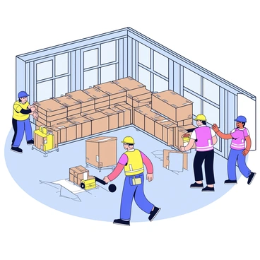 A spacious industrial warehouse filled with rows of stacked boxes. Several workers are engaged in organizing the boxes, wearing safety vests and hard hats. One worker is using a hand truck to move a large box, while another is carefully labeling boxes on a shelf. The concrete floor has visible markings, and large windows let in natural light, illuminating the scene.