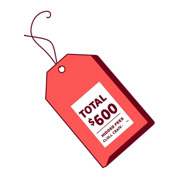 A red price tag is hanging from a thin white string. The tag features a transparent window in the center, allowing a view of clear pricing details displayed on a white background. The visible text includes the total price in bold, with no hidden fees or additional charges listed. The edges of the tag are neatly cut, and there is a small hole where the string is attached.