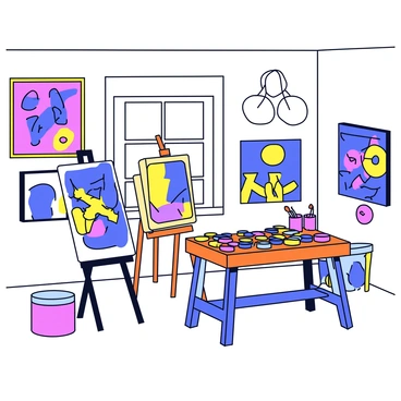 An artist's studio with a bright color palette. The room is filled with various paint tubes in vibrant colors, scattered across a wooden table. Bold Matisse-style artworks in vivid hues hang on the walls, showcasing abstract shapes and dynamic patterns. An easel stands in one corner, holding a canvas with a partially finished painting. Sunlight streams through a large window, illuminating the creative space. Various brushes and palettes are neatly arranged on the table, ready for use.