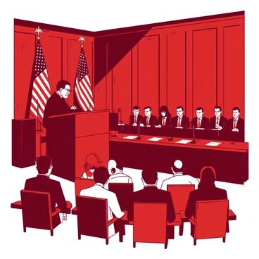 A red congressional hearing room is filled with rows of wooden chairs facing a large, elevated podium. At the podium, a stern-looking person is speaking, surrounded by microphones, as they address an audience that includes several serious-faced individuals in dark suits. The walls are adorned with dark wood paneling, and a large American flag is positioned prominently in the background. The atmosphere is tense, with some audience members leaning forward in their seats, showing signs of anxiety. Bright lights shine down from above, creating stark shadows that emphasize the seriousness of the moment.