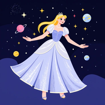 A fairy-tale princess wearing a sparkling gown floats gracefully in an infinite expanse of space. Her gown shimmers with shades of blue and silver, reflecting the light of distant stars. She has long, flowing hair adorned with tiny twinkling jewels that resemble stars. Surrounding her are various celestial bodies, including glowing stars and colorful planets, creating a magical atmosphere. The princess extends her arms as if embracing the cosmos, radiating a sense of wonder and enchantment.