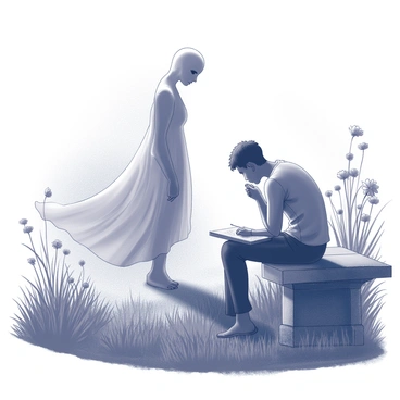 A ghostly figure draped in a flowing dress stands gracefully amidst the shadows of a misty garden. The dress appears to billow softly as if caught in a gentle breeze. The figure's features are ethereal, suggesting a presence that is both haunting and beautiful. The heartbroken artist sits on a weathered stone bench nearby, their posture slumped, with a sketchbook resting on their lap, pencil drawn to their chin in contemplation. The garden is filled with tall, whispering grass and delicate flowers that seem to fade into the mist. The twilight sky casts a soft, diffused light over the scene, enhancing the mystical atmosphere. The interaction between the ghostly figure and the artist suggests a moment of connection amidst the sorrow.