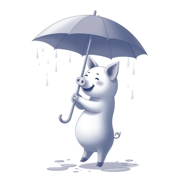 A pig standing upright on its hind legs, holding a large, open umbrella above its head. The umbrella is tilted slightly to shield the pig from raindrops falling around it. The pig has a round body, a curly tail, and a cheerful expression on its face. Water droplets can be seen falling from the umbrella's edges, creating puddles on the ground. The scene conveys a whimsical atmosphere of the pig enjoying its time in the rain while staying dry under the umbrella.