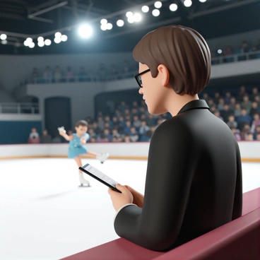 A figure skating judge, wearing a black blazer and holding a scorecard, is seated at the edge of an ice rink. The judge has short brown hair and is wearing glasses. In front of them, a skater in a glittering blue costume is in mid-performance, executing a jump. The rink is illuminated by bright overhead lights, and spectators are visible in the background, watching the performance intently. The judge is focused, with a thoughtful expression, as they prepare to note the score on the card.