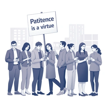 People waiting patiently in line with a sign that reads 'Patience is a virtue'