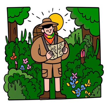 An explorer with light skin and short black hair is standing in a lush jungle. He is wearing a beige safari hat perched on his head and a colorful bandana tied underneath it. The explorer is dressed in a khaki shirt with rolled-up sleeves, cargo shorts, and sturdy hiking boots. In one hand, he holds a detailed map, while the other hand rests on a sturdy backpack. Dense green foliage surrounds him, with colorful tropical flowers peeking through the leaves. Sunlight filters through the treetops, creating dappled light on the forest floor.