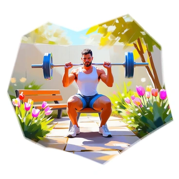 A peaceful garden setting featuring a person with medium skin tone, performing barbell curls. The individual is wearing a tank top and shorts, showing a focused expression as they lift the barbell. Surrounding them are vibrant green plants, colorful flowers in bloom, and a stone pathway that winds through the garden. A wooden bench is placed nearby, and the sunlight filters gently through the leaves, casting dappled shadows on the ground.