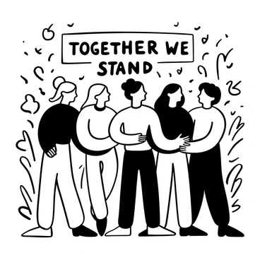 A group of women standing closely together, with arms wrapped around one another in a display of solidarity. Each woman is dressed in various outfits, showcasing their unique styles. The background is filled with abstract shapes and lines that add to the sense of unity. In the center, the words "Together We Stand" are prominently displayed.