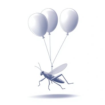 A grasshopper is suspended in mid-air, being lifted by a cluster of small balloons. The grasshopper has detailed, elongated body segments and large, translucent wings that catch the light. The balloons are variously shaped, with smooth surfaces and tied-off ends, floating gently at different altitudes. The scene includes a soft, textured ground below, possibly suggesting grass or a natural setting. The overall composition captures the playful interaction between the grasshopper and the balloons, emphasizing their buoyant ascent.