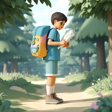 A young girl, wearing a bright blue t-shirt, denim shorts, and sturdy hiking boots, is standing in the middle of a lush green forest. Her backpack is colorful and slightly oversized, featuring various patches and keychains hanging from the zippers. She holds an unfolded map in one hand, looking intently at it with her brow furrowed in concentration. Sunlight filters through the thick canopy above, creating dappled patterns on the forest floor, which is covered in soft moss and scattered leaves. In the background, tall trees with rich green foliage rise majestically, and a few wildflowers peek out from the underbrush, adding splashes of color to the scene.