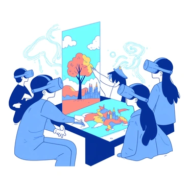 A group of students wearing blue VR headsets is fully immersed in a virtual reality environment. Each student is interacting with a colorful interface, creating elements of a fantasy world. One student is reaching out to manipulate a floating orange tree, while another is sketching a castle with golden turrets in mid-air. Surrounding them are holographic displays showcasing their designs, with swirling clouds and vibrant landscapes emerging as they collaborate. The atmosphere is filled with excitement as the students work together to bring their imaginative ideas to life.