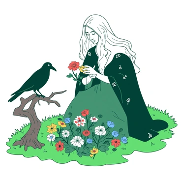 A medieval witch with long flowing hair is kneeling in a lush green meadow, carefully gathering a variety of colorful wildflowers. She is wearing a dark green cloak adorned with silver runes, and her hands are gently picking flowers characterized by vibrant petals. Nearby, a crow is perched on a low-hanging branch of a gnarled tree, its glossy black feathers contrasting with the bright colors of the flowers. The crow is observing the witch intently, its head tilted slightly as if curious about her actions. The scene is peaceful, filled with the natural beauty of the wildflowers and the rustic charm of the surrounding landscape.