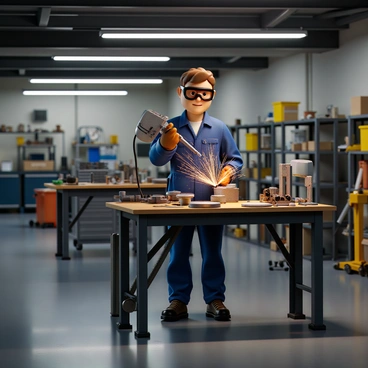 A mechanical engineer with short brown hair, wearing safety goggles and a blue jumpsuit, is skillfully welding metal parts together in a well-equipped workshop. The engineer holds a welding torch in one hand, and sparks fly as the torch meets the metal. Surrounding the engineer are various tools and machinery, including a welding table with clamps and metal components. The workshop has overhead lighting illuminating the workspace, and there are shelves filled with tools and equipment in the background.