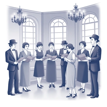 A choir composed of several individuals dressed in vintage attire from the 1920s is performing together in an old hall. The members of the choir are wearing elegant dresses with flapper styles and suits with bow ties. They stand in a semi-circle, holding songbooks. The hall features tall, arched windows with intricate woodwork, and the walls are adorned with vintage wallpaper. The floor is made of polished wood, and there are decorative chandeliers hanging from the ceiling, illuminating the scene warmly.