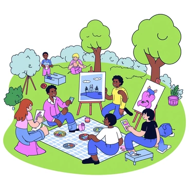 A vibrant art jam session taking place in a green park filled with trees and bushes. Several artists are present, each painting on their own canvases. One artist is creating an abstract piece with bold colors, another is focused on a realistic landscape, while a third is working on a whimsical character illustration. The artists are gathered around a picnic blanket with paint supplies scattered around, and some have palettes in hand. There are easels set up, and a few people are sitting on benches observing the creative process.