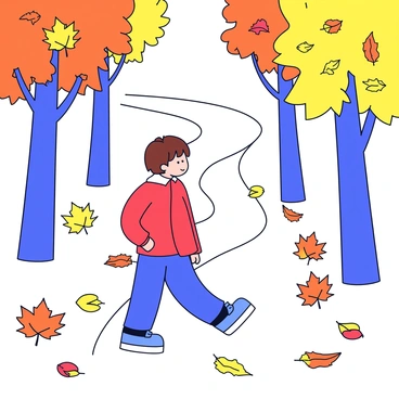 A child with short brown hair wearing a red jacket is walking along a winding path in a forest during autumn. The ground is covered with a variety of colorful leaves in shades of orange, yellow, and red. The trees surrounding the path are tall and have leaves that reflect the same autumn colors. The child is looking down at the vibrant leaves, some of which are scattered on the ground while others are still hanging on the branches above.