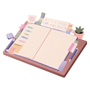 A digital flat illustration depicting an open planner on a wooden desk surface. The planner is filled with a detailed monthly budget layout, featuring neatly organized columns and rows filled with numbers and categories. Colorful tabs protrude from the sides of the planner, each labeled with different categories such as "Groceries," "Utilities," "Savings," and "Entertainment." Scattered around the planner are stationery items, including a blue pen and a sticky note with reminders, also on the desk are small decorative plants adding a touch of green. A soft light source is illuminating the scene, creating gentle shadows on the desk.