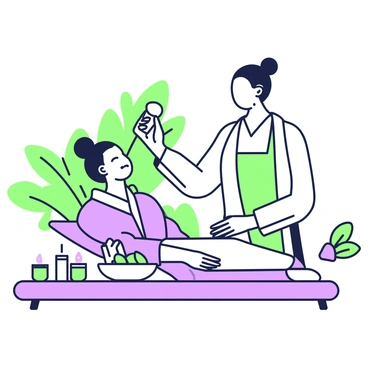 A woman is reclining comfortably on a spa treatment table, wearing a fluffy robe. She has her eyes closed, revealing a look of relaxation. Her hair is pulled back in a loose bun, and there are soft towels arranged around her head. A therapist is gently applying cream to her face with smooth motions. The ambiance includes a small bowl of citrus fruit slices on a nearby table, and a few candles emitting soft light. In the background, there are lush green plants enhancing the serene atmosphere of the spa.