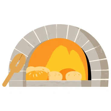 A classic stone oven with golden loaves visible through the open door