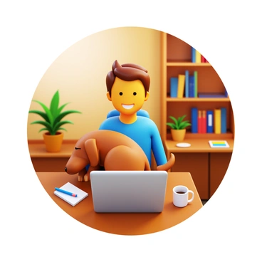 A person sitting at a desk with a laptop open, wearing casual clothing. They have short hair and are smiling as they look at the screen. A medium-sized brown dog is curled up comfortably on their lap, with its eyes closed. The background features a cozy home office setup, including a bookshelf filled with books, a potted plant in the corner, and soft lighting. On the desk, there are stationery items and a coffee mug. The atmosphere is warm and inviting, suggesting a relaxed working environment.
