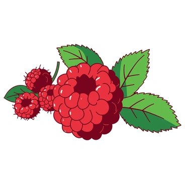 A red raspberry with intricate details is prominently displayed in the center of the image, highlighting its textured surface and rich color. Surrounding the raspberry are green leaves, showcasing their vivid veins and varying shapes. In the background, there are blurred clusters of additional raspberries, adding depth to the composition. The overall arrangement emphasizes the vibrant contrast between the raspberry and the leaves.