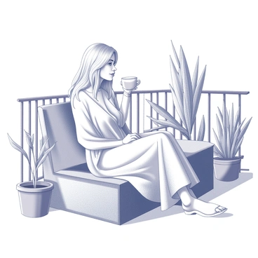 A woman is sitting comfortably on a balcony, enjoying a cup of coffee. She is wearing a light, breezy kaftan that drapes gracefully around her. The balcony is adorned with potted plants, creating a cozy atmosphere. The woman has long hair that falls softly over her shoulders, and she gazes out over the railing with a relaxed expression. The coffee cup is held delicately in one hand, while the other rests on her lap. The scene conveys a moment of tranquility and leisure.