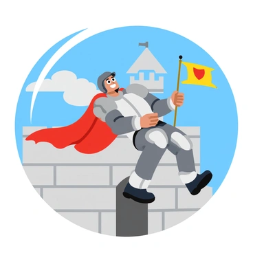 A knight in shining armor is performing pull-ups on a stone castle wall. The knight's armor is intricately designed with silver plating, reflecting sunlight, and features a red cape flowing behind. The castle wall is made of gray stone blocks, and the background shows a clear blue sky with a few fluffy clouds. The knight's muscular arms strain as he lifts his body, with a determined expression on his face. A banner flutters above the castle, displaying a coat of arms.