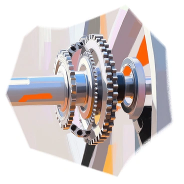 A close-up illustration of a complex system of bike gears that are intricately interconnected. The gears vary in size, with some large and others small, all featuring distinctive teeth designed for smooth engagement. A shiny metal chain runs through the gears, reflecting light and showcasing its polished surface. The background is softly blurred to emphasize the detailed mechanics of the gears and the chain. The scene captures the precision and engineering of the bicycle's drivetrain.