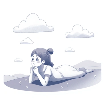 A young girl with a playful hairstyle is lying on her stomach on a grassy hill. She is wearing a light, flowing dress that gently contrasts with the greenery around her. Her arms are outstretched, and her chin is resting on her hands. The sky above is filled with whimsical cloud formations, varying in shapes and sizes, some resembling animals and others taking on fantastical designs. The grassy hill is dotted with small wildflowers, and the horizon in the distance features a silhouette of softly rolling hills.