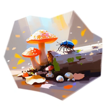 A detailed scene on a forest floor featuring a small beetle with a dark, shiny exoskeleton, exploring a decaying log covered in various types of fungi. The log is aged and textured, with moss and small patches of green lichen growing on its surface. Brightly colored mushrooms, including orange and white varieties, are sprouting from the decaying wood. Sunlight filters through the canopy above, creating dappled light that highlights the intricate details of the beetle and the fungi. The surrounding forest is filled with soft earth tones, and fallen leaves are scattered around the log, adding to the rich, natural ambiance.