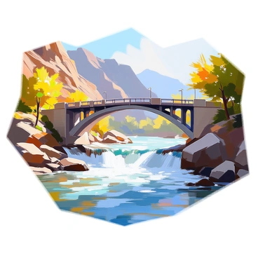 A sturdy bridge made of weathered wood and steel spans across a rushing river filled with churning blue water. The bridge features strong arches and supports that rise above the surface, showcasing its robust construction. On either side of the river, lush green trees line the banks, their leaves glistening with sunlight. The turbulent water below cascades over rocks, creating white frothy waves that enhance the sense of motion. In the distance, there are steep rocky hills that frame the scene, adding depth to the landscape. The bridge stands as a powerful symbol of overcoming obstacles, inviting viewers to imagine the journeys across its span.