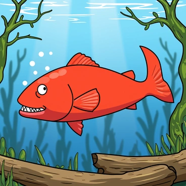 A vibrant red piranha with sharp teeth is swimming through a clear underwater habitat filled with submerged logs and branches. The piranha has large, expressive eyes and a streamlined body. The water is a rich blue, with rays of sunlight filtering through the surface, creating shimmering patterns. The logs are weathered and covered in green algae, while some branches are tangled with small aquatic plants. Tiny bubbles rise from the piranha as it moves gracefully through its environment.