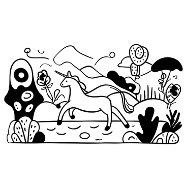 A unicorn standing gracefully next to a flowing river. The unicorn has a long, spiraling horn and a flowing mane that appears to shimmer. The river is depicted with gentle waves and is surrounded by strange, oversized plants with intricate patterns. In the background, rolling hills and whimsical trees add to the fantastical landscape. The scene is filled with various abstract shapes and swirling lines, giving a sense of magic and wonder.