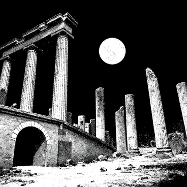 The ruins of an ancient city stretch across the landscape, with crumbling stone structures partially covered in vines and moss. Tall columns rise into the night sky, their surfaces etched with intricate carvings that hint at a long-lost civilization. Shadows cast by the moonlight create a dramatic contrast on the weathered stones. In the foreground, a broken archway stands as a testament to the passage of time. The ground is littered with debris, including fragments of pottery and stone, while an ethereal glow from the moon highlights the details of the scene.