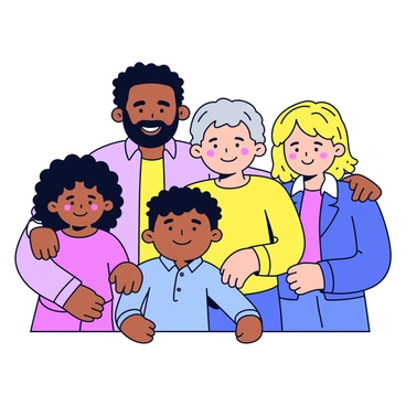 A family portrait that includes members of various ethnicities. There is a young child with curly black hair, a teenage girl with straight black hair, an adult man with a beard and brown skin, an adult woman with light skin and wavy blonde hair, and an elderly person with gray hair and a warm smile. They are all standing close together and smiling, showcasing a range of ages from young to old. The background is a simple, solid color to keep the focus on the family members.
