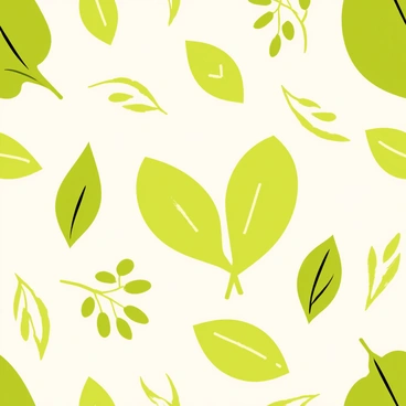 A seamless pattern design featuring different leaf shapes and sizes, including large broad leaves and small delicate ones. The leaves are in shades of green, with some having a glossy finish and others a matte texture. The background is a contrasting light beige, allowing the green leaves to stand out prominently. The composition includes a balanced distribution of leaves, overlapping slightly in some areas to create depth. Some leaves are oriented in different directions, adding visual interest to the pattern.