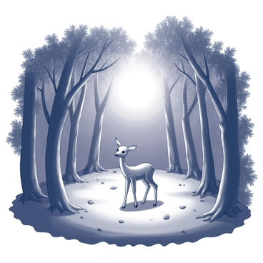 A shadowy forest clearing with a mystical fawn glowing in the moonlight