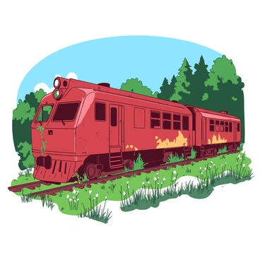 A red abandoned train is standing silently on overgrown tracks surrounded by tall grass and wildflowers. The train's exterior is rusty and faded, with peeling paint revealing patches of orange beneath. Weeds and vines creep up along the train's sides, intertwining with the metal. In the background, a dense thicket of trees casts dappled shadows on the tracks. The sky above is a bright blue, contrasting with the greenery surrounding the scene.