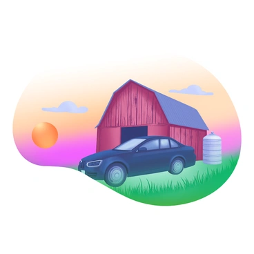 A car silhouette parked in front of a rustic barn. The barn has weathered wooden boards, with a faded red paint that is peeling in places. The sunset casts warm orange and pink hues across the sky, creating a gradient. The silhouette of the car is dark against the backdrop of the colorful sky. In the foreground, there is tall grass gently swaying in the breeze, enhancing the tranquil scene. The barn's roof is slanted, and a few clouds dot the sky, basked in the warm light of the setting sun.