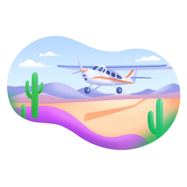A small airplane is approaching a dusty desert runway, its wheels just inches above the ground, ready to touch down. The airplane is painted in bright colors, contrasting against the muted tones of the desert. Nearby, several tall cactus plants rise up from the sandy earth, their green arms reaching skyward. In the background, the vast expanse of the desert stretches out, with a clear blue sky overhead, and wisps of white clouds scattered throughout. The scene captures the moment of landing, emphasizing the rugged beauty of the desert environment.
