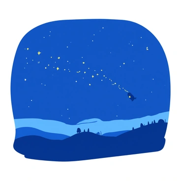 A deep blue night sky is dotted with small white stars, creating a vast celestial backdrop. Two distant points on the horizon are illuminated by soft yellow lights that trail gracefully through the air, connecting them like a glowing thread of affection. Below, silhouettes of rolling hills add depth to the scene. The lights emit a warm glow, casting subtle reflections on the ground, symbolizing a love that transcends distance.