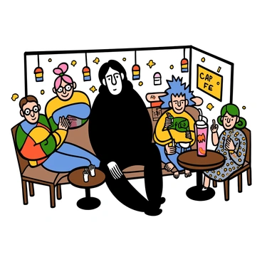 Sukuna, a tall figure with pale skin and long, dark hair, lounges casually in a cafe. He has a confident expression and is wearing a loose, dark outfit. Around him is a group of quirky friends, each with unique styles and features. One friend has bright pink hair styled in a messy bun, wearing a colorful oversized sweater. Another friend has glasses and short, spiky blue hair, dressed in a graphic t-shirt and jeans. A third friend, with green hair and a playful smile, is wearing a patterned dress and holding a large iced beverage. The cafe has a cozy atmosphere with colorful decor, small tables, and warm lighting, creating a lively and relaxed setting.