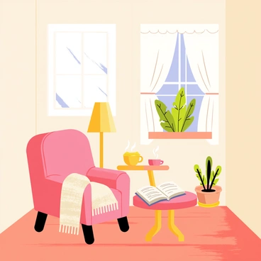 A cozy room featuring a warm wooden floor and softly painted walls. In the corner, there is a lamp shaped like a "human heart," casting a gentle glow. A plush armchair is positioned nearby, covered in a soft, knitted blanket. A small round table holds a steaming cup of tea and an open book with pages slightly bent. A window with sheer curtains allows a soft breeze to flutter through, while a potted plant sits by the window, adding a touch of greenery. The overall atmosphere is inviting and comforting, perfect for relaxing.