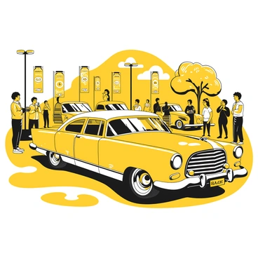 A classic vintage car parked at an outdoor car show, showcasing its sleek curves and polished chrome details. The car is in pristine condition, with gleaming headlights and shiny wheels. Surrounding the car are colorful banners fluttering in the breeze, featuring various automotive logos and slogans. In the background, a crowd of people is admiring the vehicles on display, some taking photographs while others engage in conversation. The ground is paved and well-maintained, enhancing the overall atmosphere of the car show.