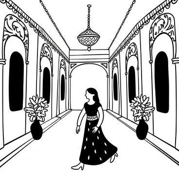 A princess wearing an "opulent lehenga" adorned with intricate embroidery is walking gracefully through a "majestic palace hallway." The hallway features grand pillars and ornate arches with detailed carvings. Lavish tapestries hang along the walls, depicting scenes of royalty. A sparkling chandelier hangs from the ceiling, casting intricate shadows on the marble floor. Elegant vases filled with elaborate floral arrangements stand at intervals along the hallway.