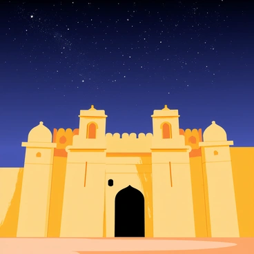 A grand sandstone structure, the "Jaisalmer Fort" stands prominently with its intricate carvings and fortifications. The fort is illuminated by soft, warm lights that highlight its architectural details. Above, a "starry night sky" is filled with numerous twinkling stars and a faint glow of the Milky Way. The scene captures the contrast between the golden fort and the deep blue of the night sky, creating a stunning visual harmony.