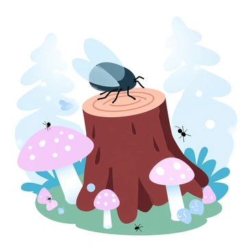 A cicada is perched on a tree stump, showcasing its textured wings and intricate body detail. Surrounding the stump are several mushrooms with varying shapes and colors, some with delicate caps and others with textured surfaces. Tiny critters, such as ants and beetles, can be seen near the base of the stump and among the mushrooms, adding life to the forest scene. Soft light filters through the trees, creating a tranquil atmosphere in the natural setting.