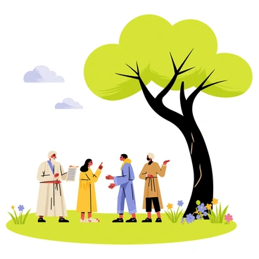A group of famous historical figures is gathered on a flat green landscape. They are standing in a circle, engaged in animated discussions. Among them is a tall man with long hair and a beard, dressed in a flowing robe, holding a scroll. Beside him, a woman in a long dress is pointing passionately towards the sky. A large, leafy tree with broad branches spreads shade over them, its trunk thick and gnarled. The sky above is clear with a few fluffy clouds, casting soft shadows on the ground. Small flowers and grass are scattered around the base of the tree, creating a vibrant and lively atmosphere.