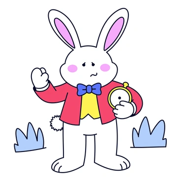 A cartoon illustration of "the White Rabbit" with white fur and large ears. He is wearing a small red waistcoat and a blue bow tie. In his right hand, he is holding a pocket watch, which he is checking with a concerned expression on his face. His left hand is raised slightly as if he is gesturing in urgency. The background features simple, minimalistic elements like a few grass blades and a hint of blue sky, emphasizing the rabbit's worried demeanor.